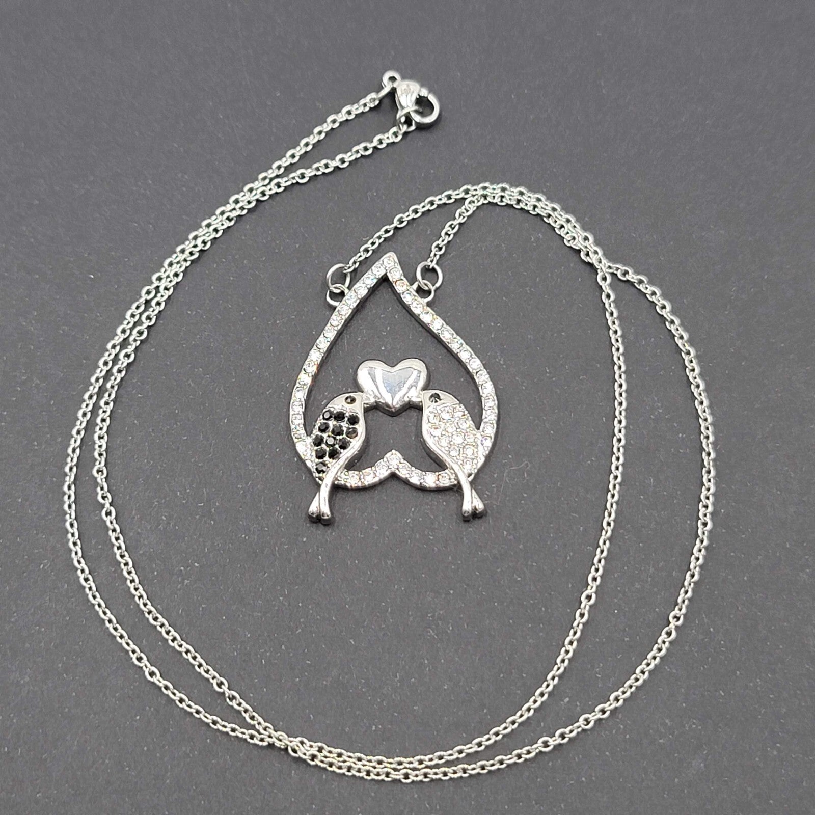 Bird Necklace Silver tone Black Clear Crystal Rhinestones Pendant 20"