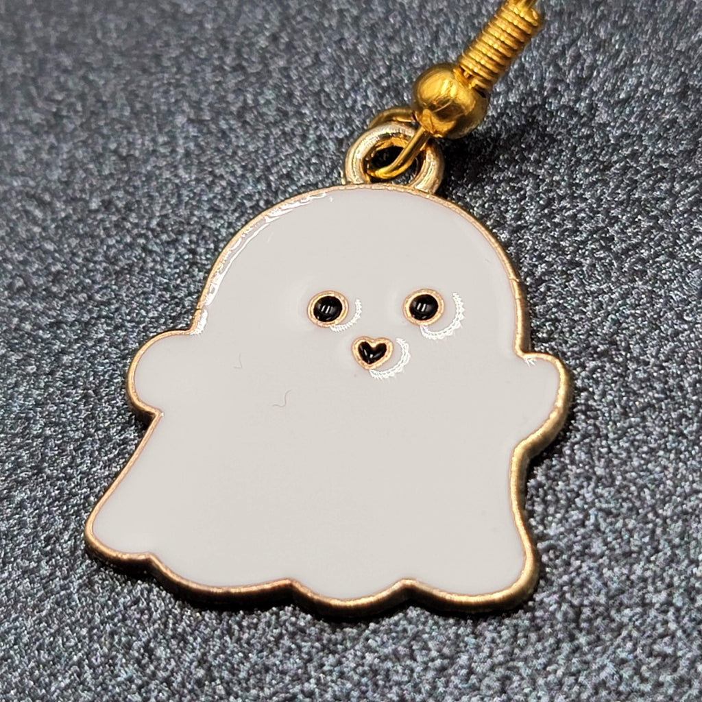 Ghost Halloween Pierced Earrings White Enamel Gold tone Enamel Dangle 3/4"