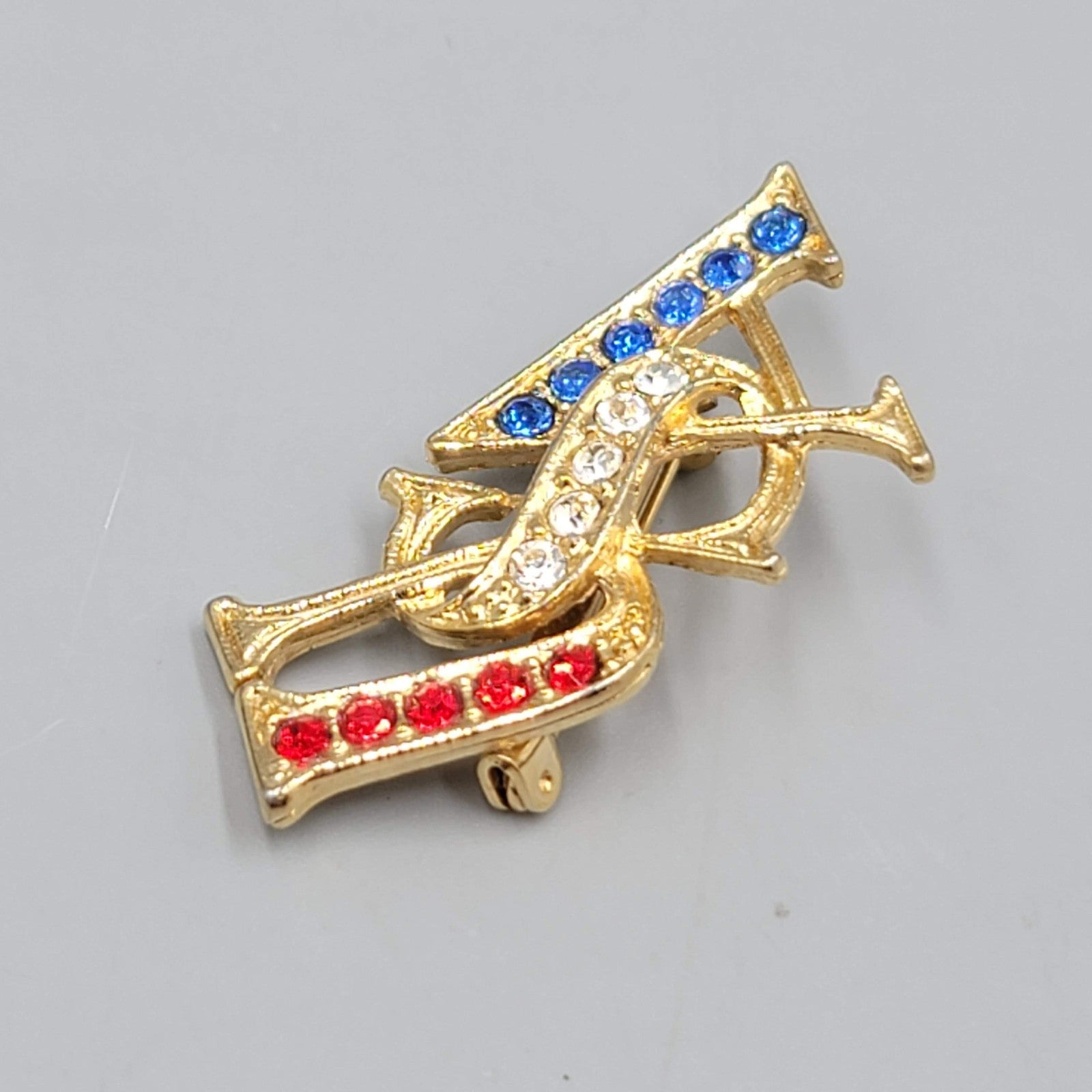 Vintage USA Rhinestone Brooch Gold tone Patriotic 1.25"