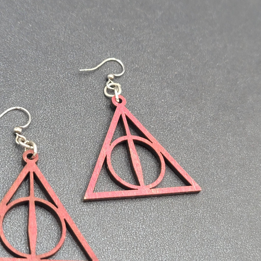 Deathly Hallows Pierced Earrings Harry Potter Wood Laser Cut Burgundy Red 1.25"