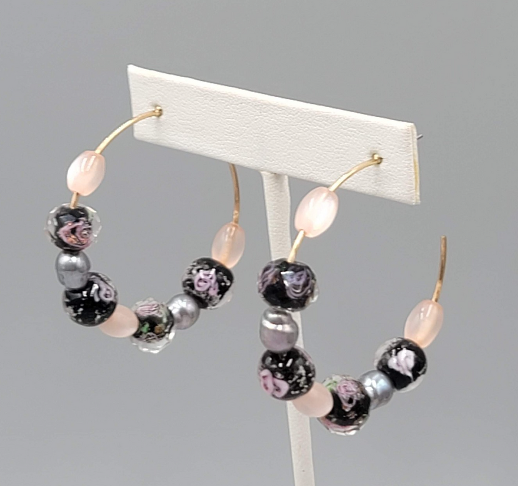 Hoops Black Pink Roses Art Glass Beads Pierced Earrings 1.75 in