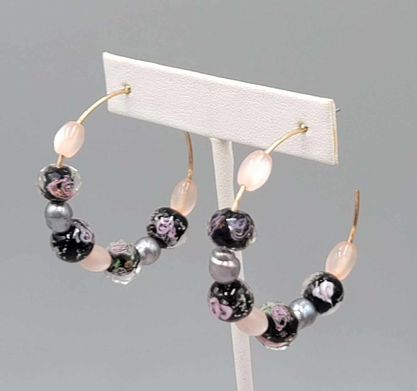 Hoops Black Pink Roses Art Glass Beads Pierced Earrings 1.75 in
