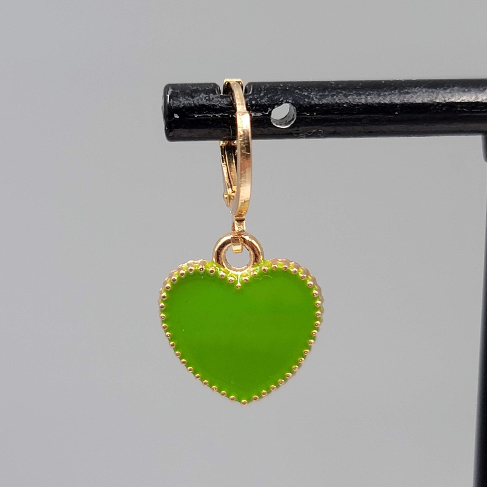 Green Enamel Heart Pierced Earrings Gold tone Huggie Hoops Dangle 5/8"