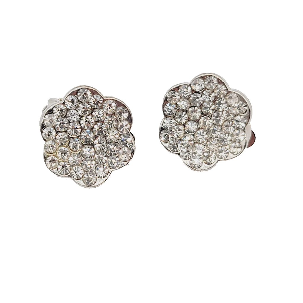 Vintage Rhinestone Flower Shape Clip on Earrings Silver tone 5/8 in