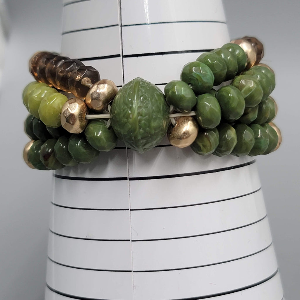 Green Embossed Bead Bracelet 4 Strands Elastic 7"