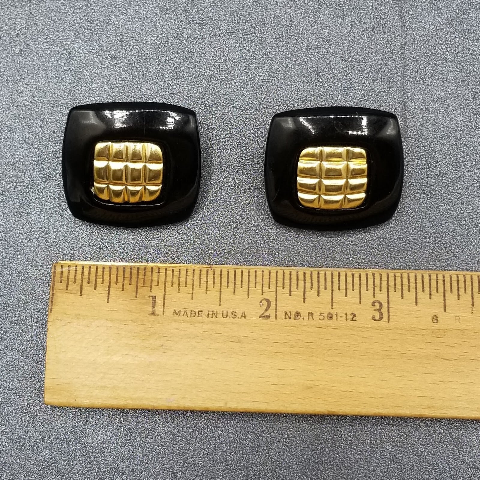 Vintage 1980's Pierced Earrings Black and Gold Acrylic Rectangle Stud 1 1/4"