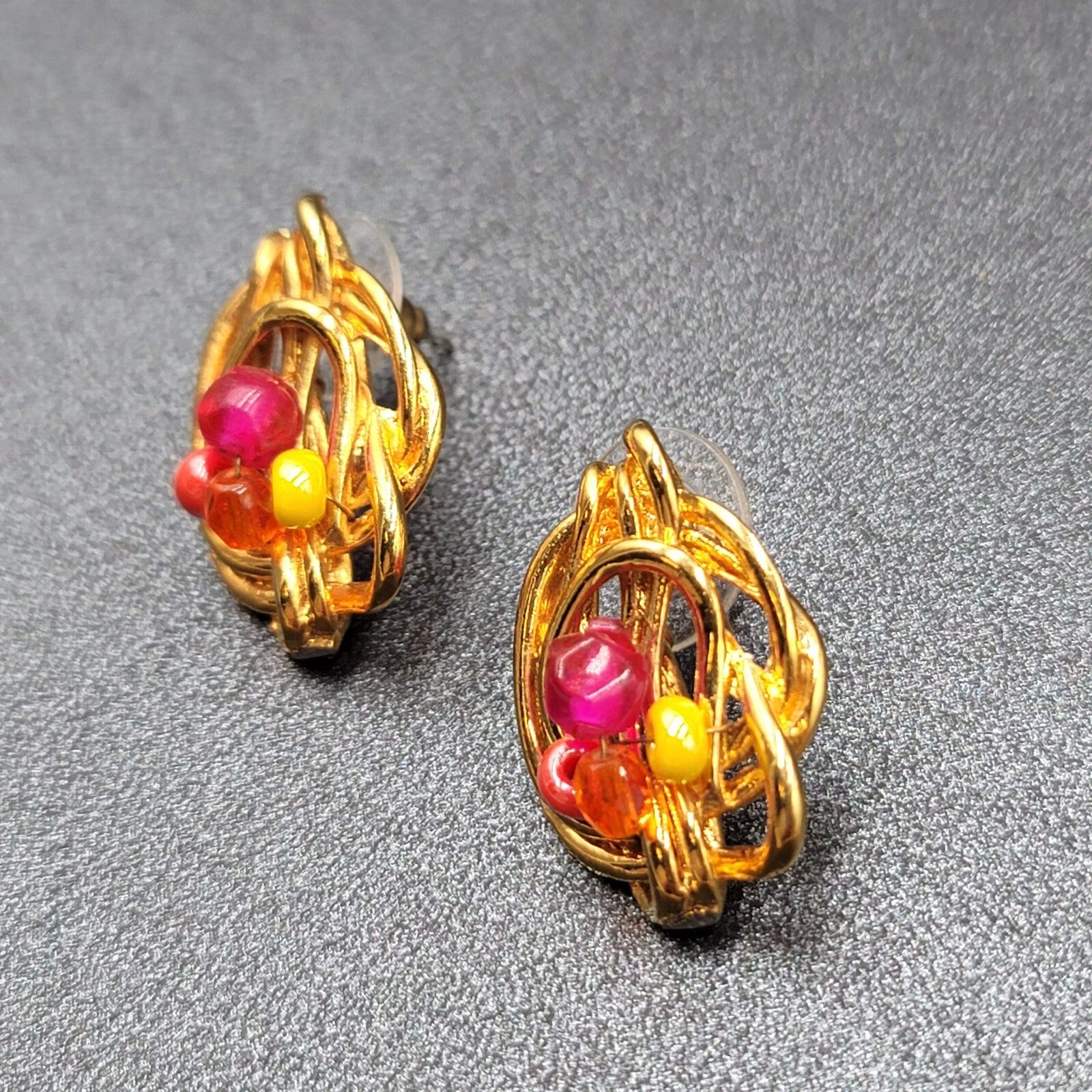 Pierced Earrings Gold Plated Pink Yellow Beaded Artistic Drop 1"