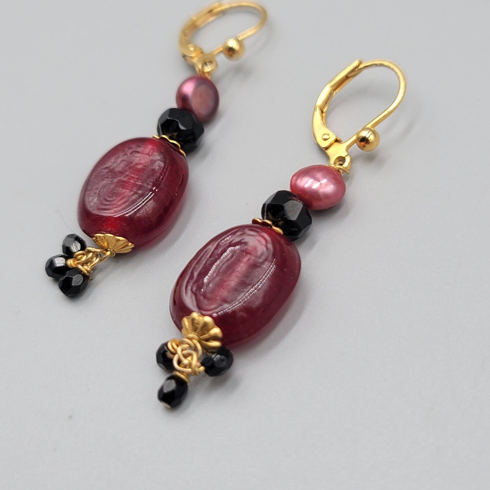 Red Glass Bead Pearl Pierced Earrings Gold tone Dangle 1.25"
