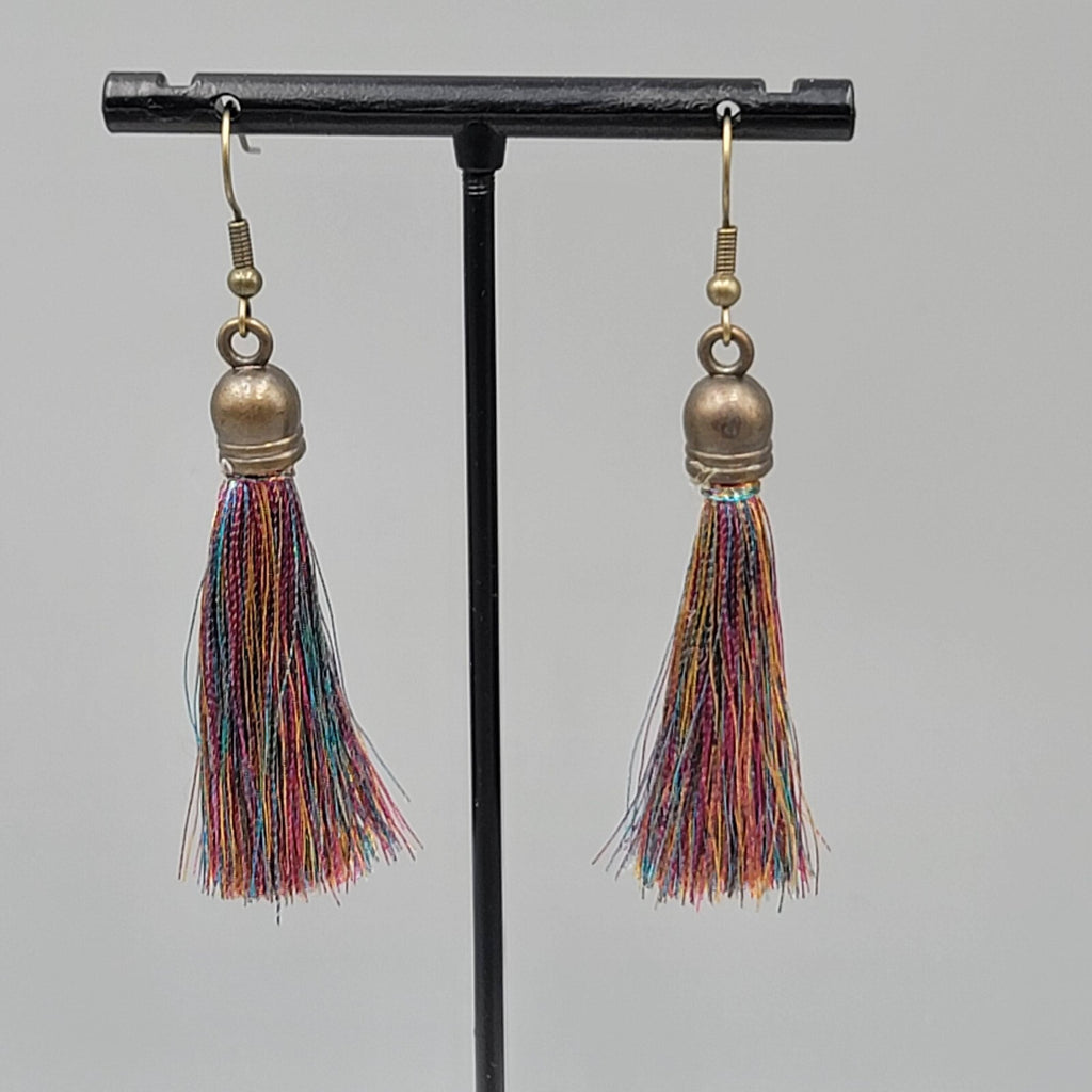 Tassel Pierced Earrings Bronze tone Multicolor Dangle 2"