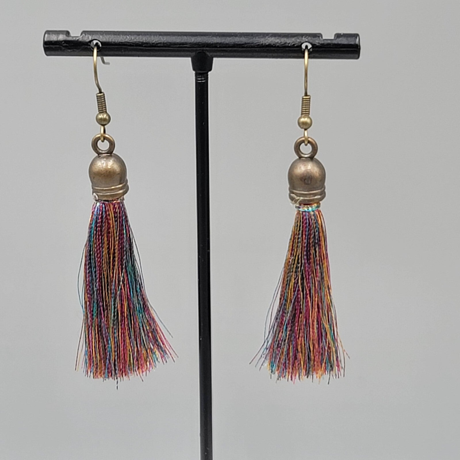 Tassel Pierced Earrings Bronze tone Multicolor Dangle 2"