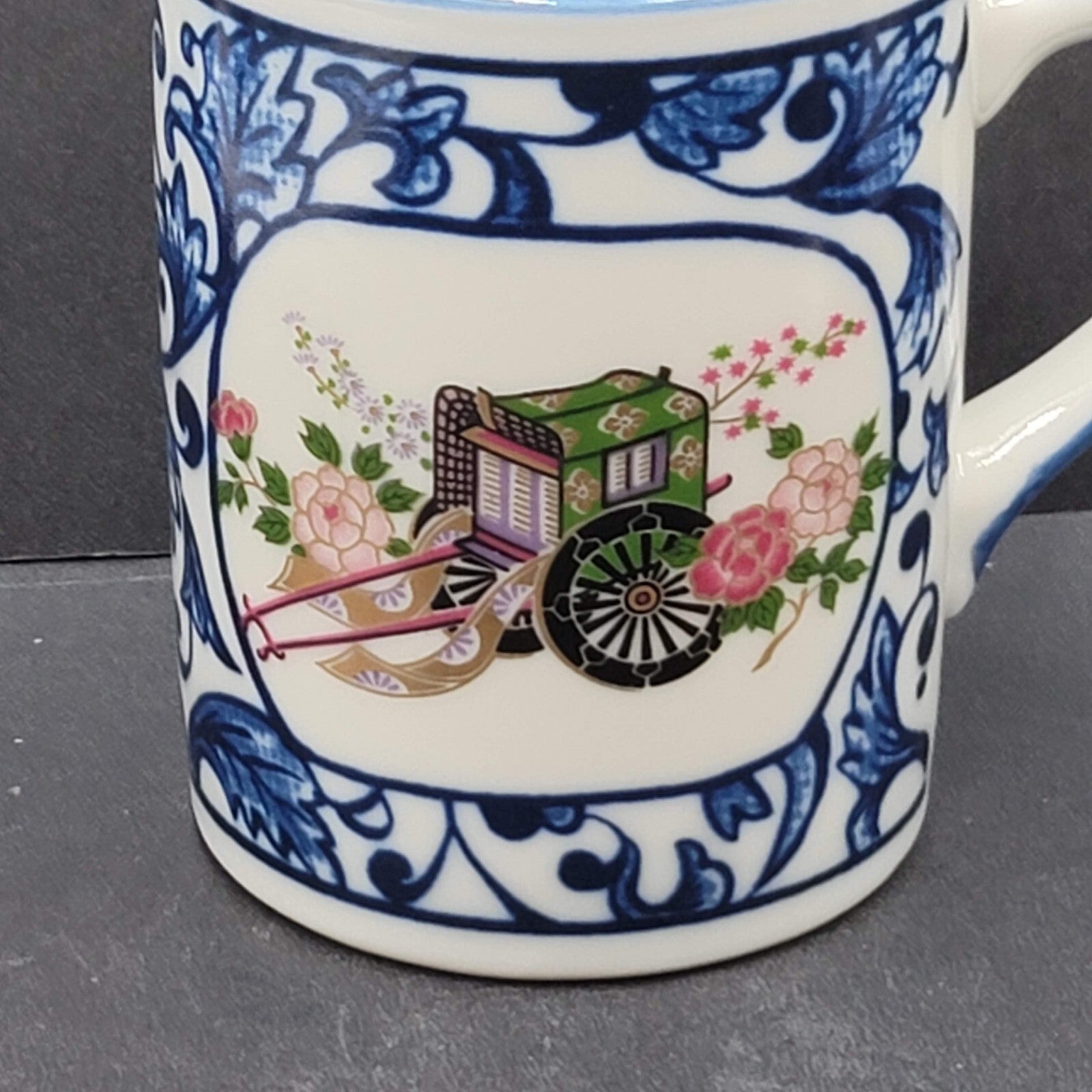 Vintage Imari Porcelain Coffee Mug Blue White Rickshaw Wagon Flowers Japan