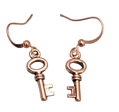 Copper tone Skeleton Key Pierced Earrings Dangle Small 3/4"