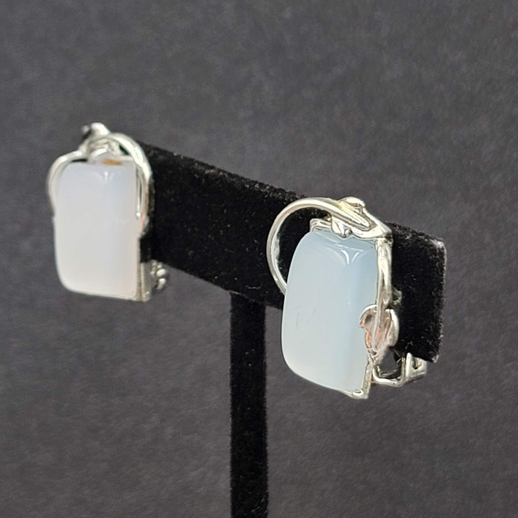 Vintage Clip on Earrings Silver tone Blue Lucite Thermoset Rectangle 7/8"