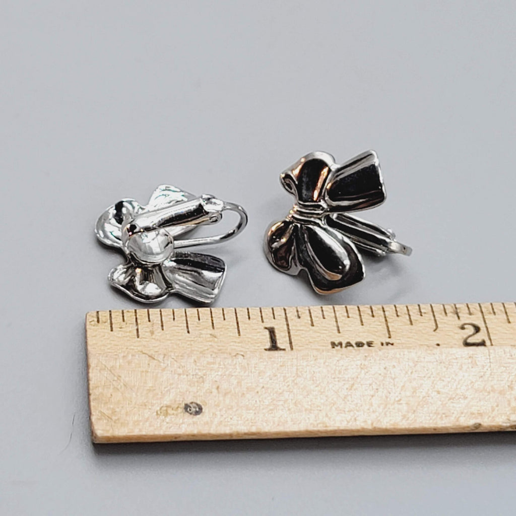 Vintage Bow Stud Clip on Earrings Silver tone Studs Lightweight 5/8"