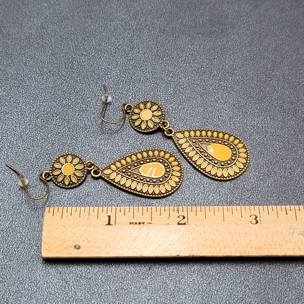 New Boho Pierced Earrings Antiqued Gold tone Lt Orange Enamel Teardrop Dangle 2"
