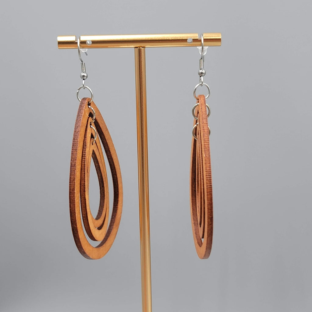Wood Cut Large Boho Pierced Earrings Silver tone Dangle 2.75 in
