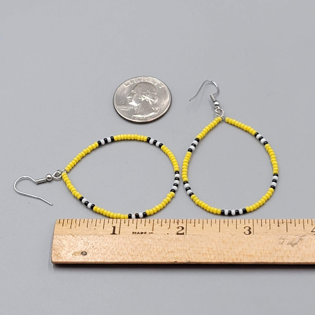 Hoop Pierced Earrings Yellow Black White Seed Bead Dangle 1.75"