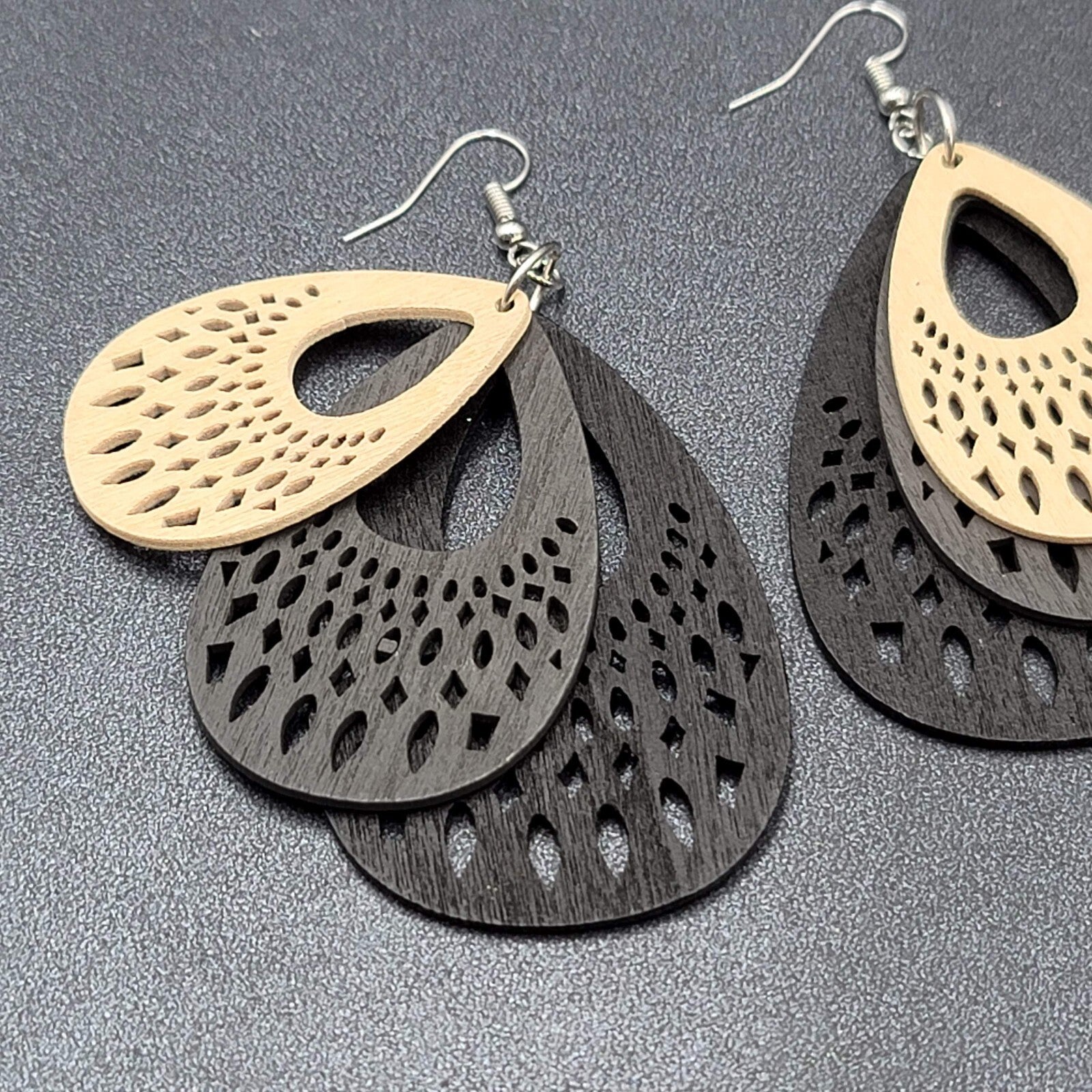 Pierced Earrings Triple Layer Wood Teardrop Dangle Tan Gray Black 2.75"