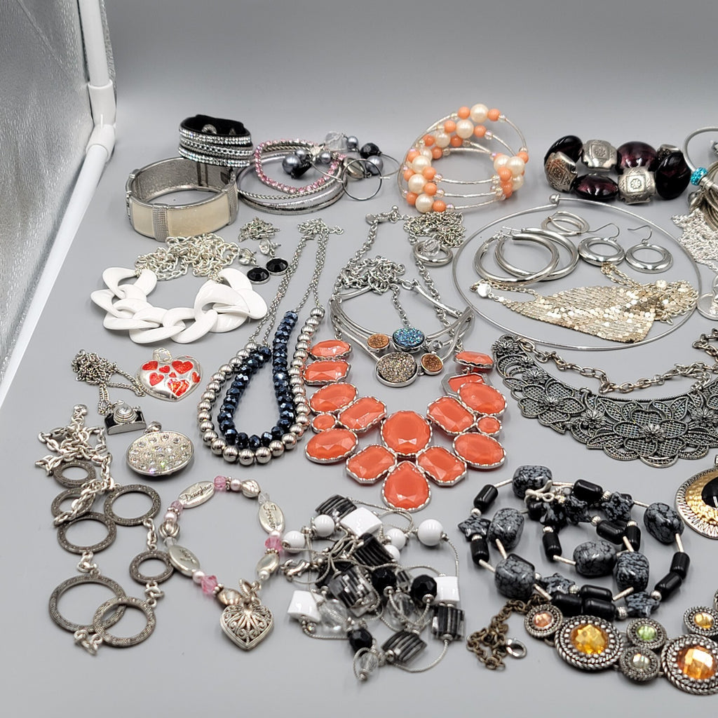 Silver tone Fashion Jewelry Lot of 39 Necklace Bracelets Earrings All Wearable