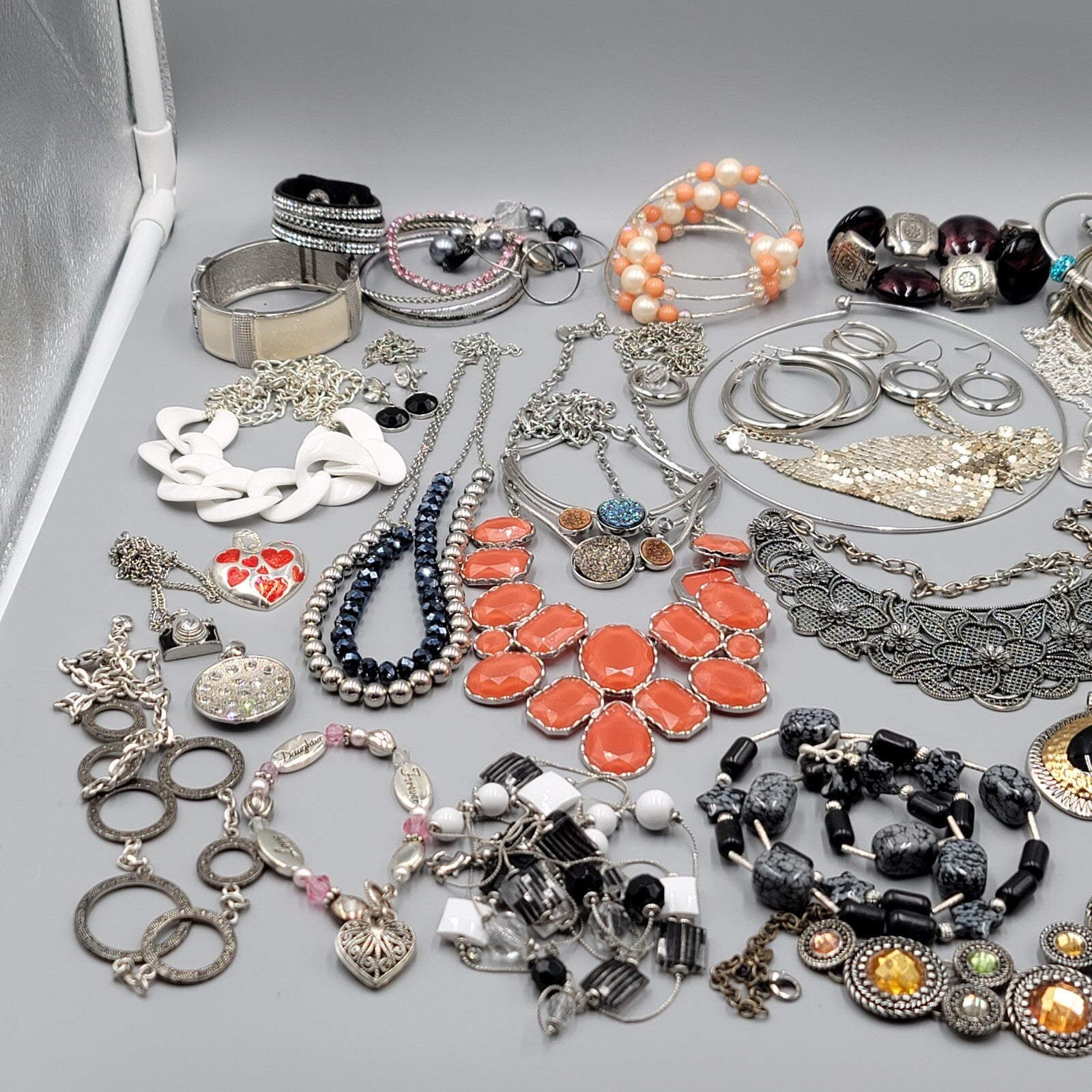 Silver tone Fashion Jewelry Lot of 39 Necklace Bracelets Earrings All Wearable