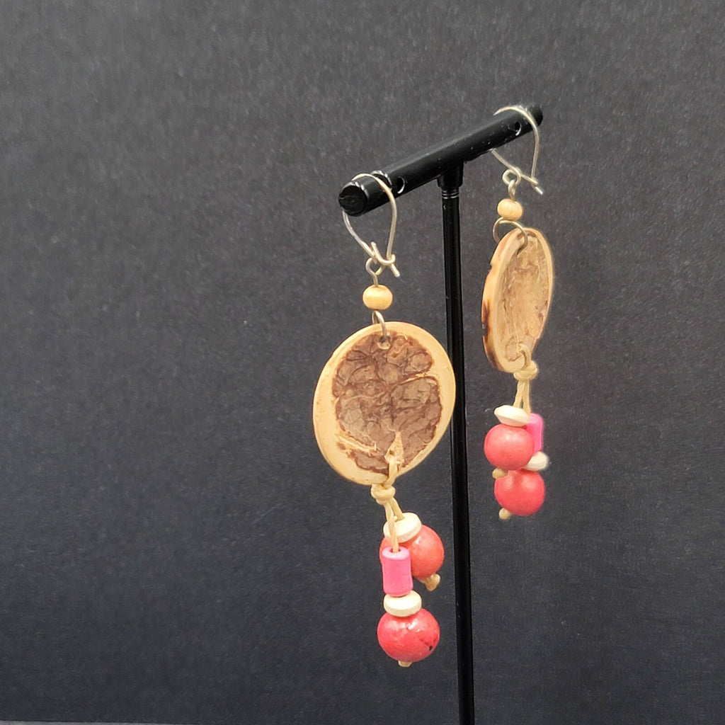 Vintage Pierced Earrings Hand Painted Carved Coconut Pink Bead Dangle 2.25"