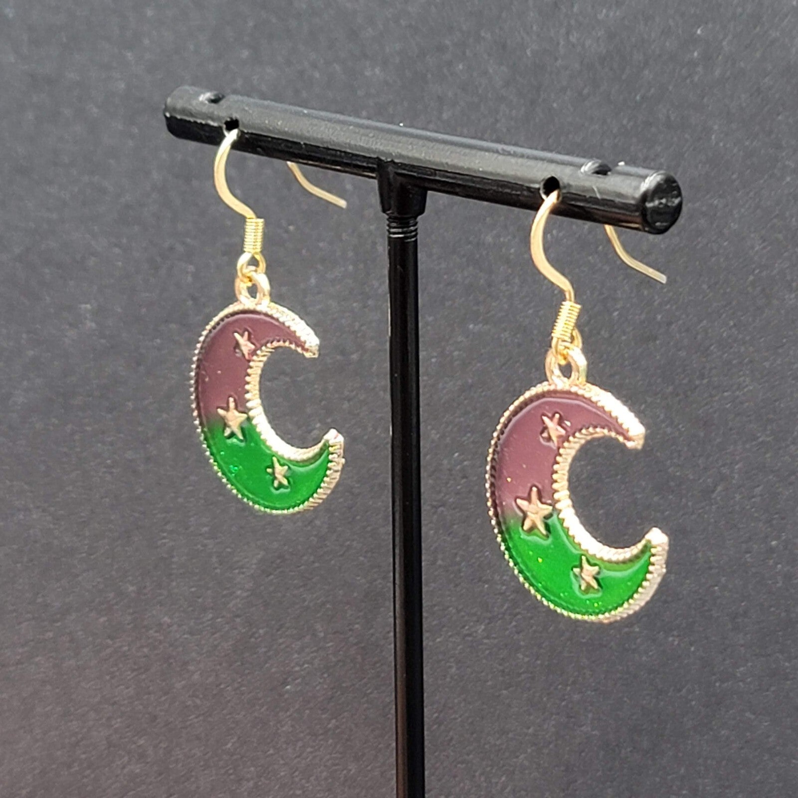 New Crescent Moon Pierced Earrings Gold tone Purple Green Enamel Dangle 7/8"