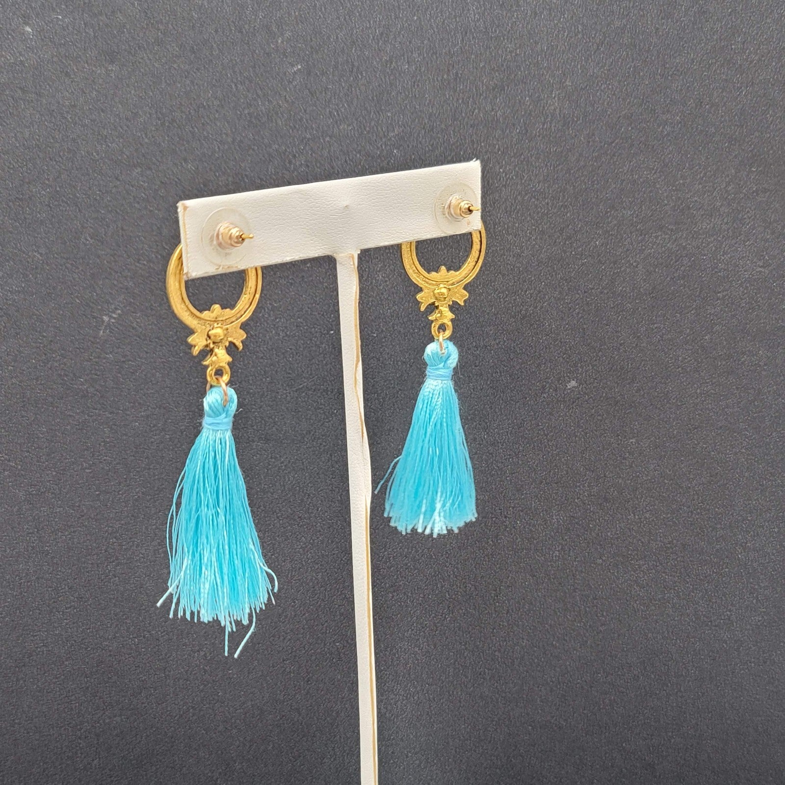 Pierced Earrings Gold tone Blue Tassel Rhinestone Statement Dangle 2.5"