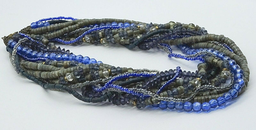 Vintage Necklace Blue Gray Bead Shell 12 Strand Estate Costume Jewelry 18"
