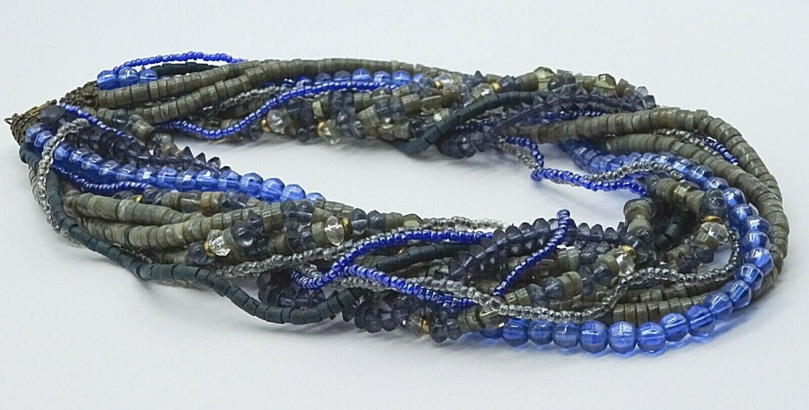 Vintage Necklace Blue Gray Bead Shell 12 Strand Estate Costume Jewelry 18"
