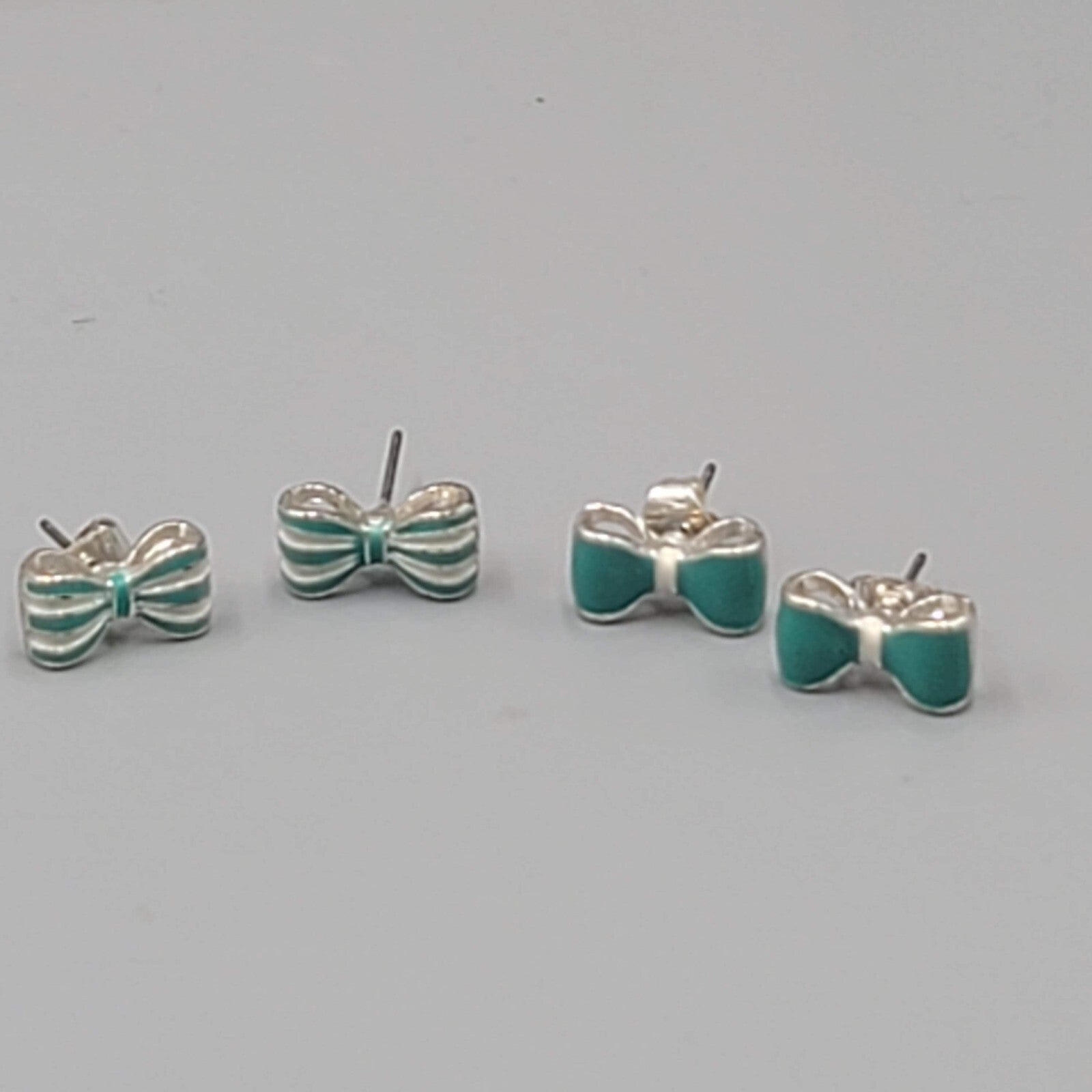 Bow Studs Pierced Earrings Blue Enamel Silver tone Lot of 2