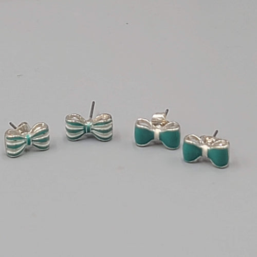 Bow Studs Pierced Earrings Blue Enamel Silver tone Lot of 2