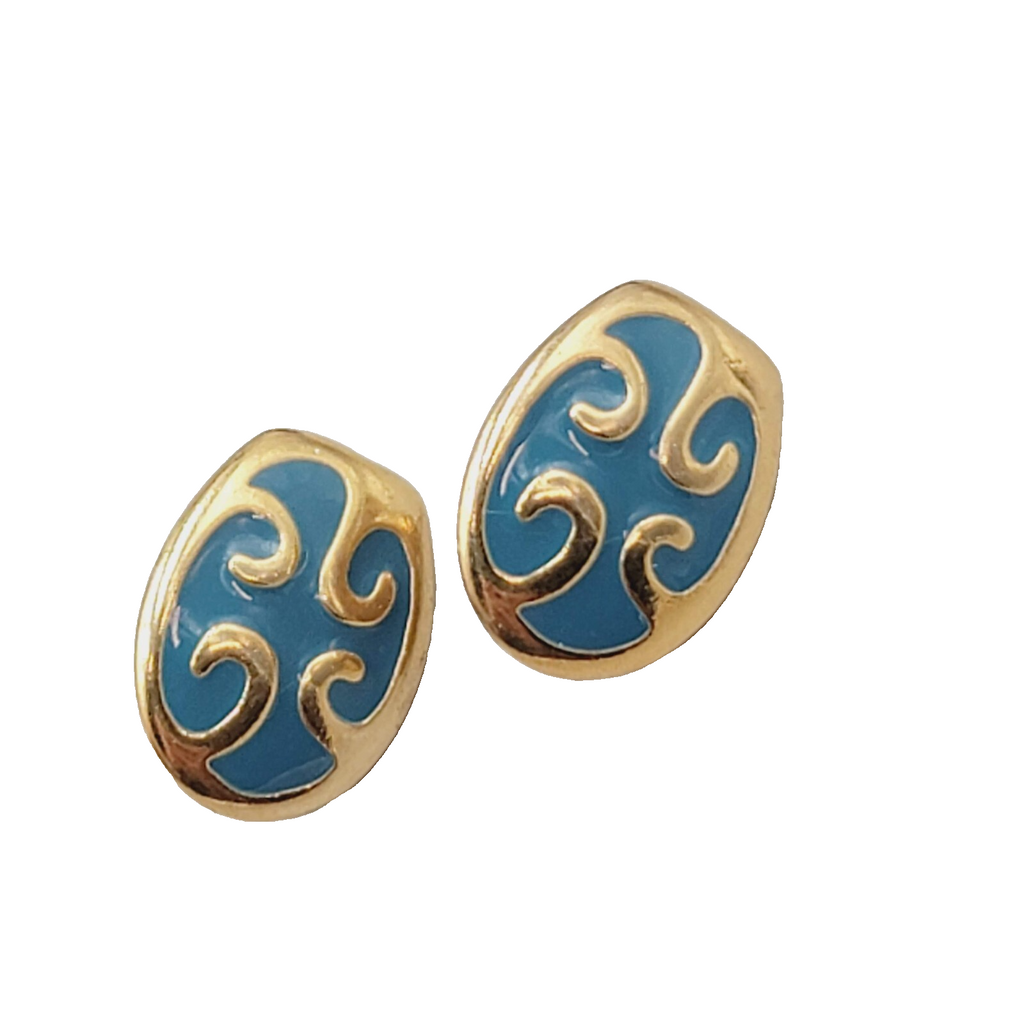 Stud Pierced Earrings Gold tone Blue Enamel Swirl 5/8"