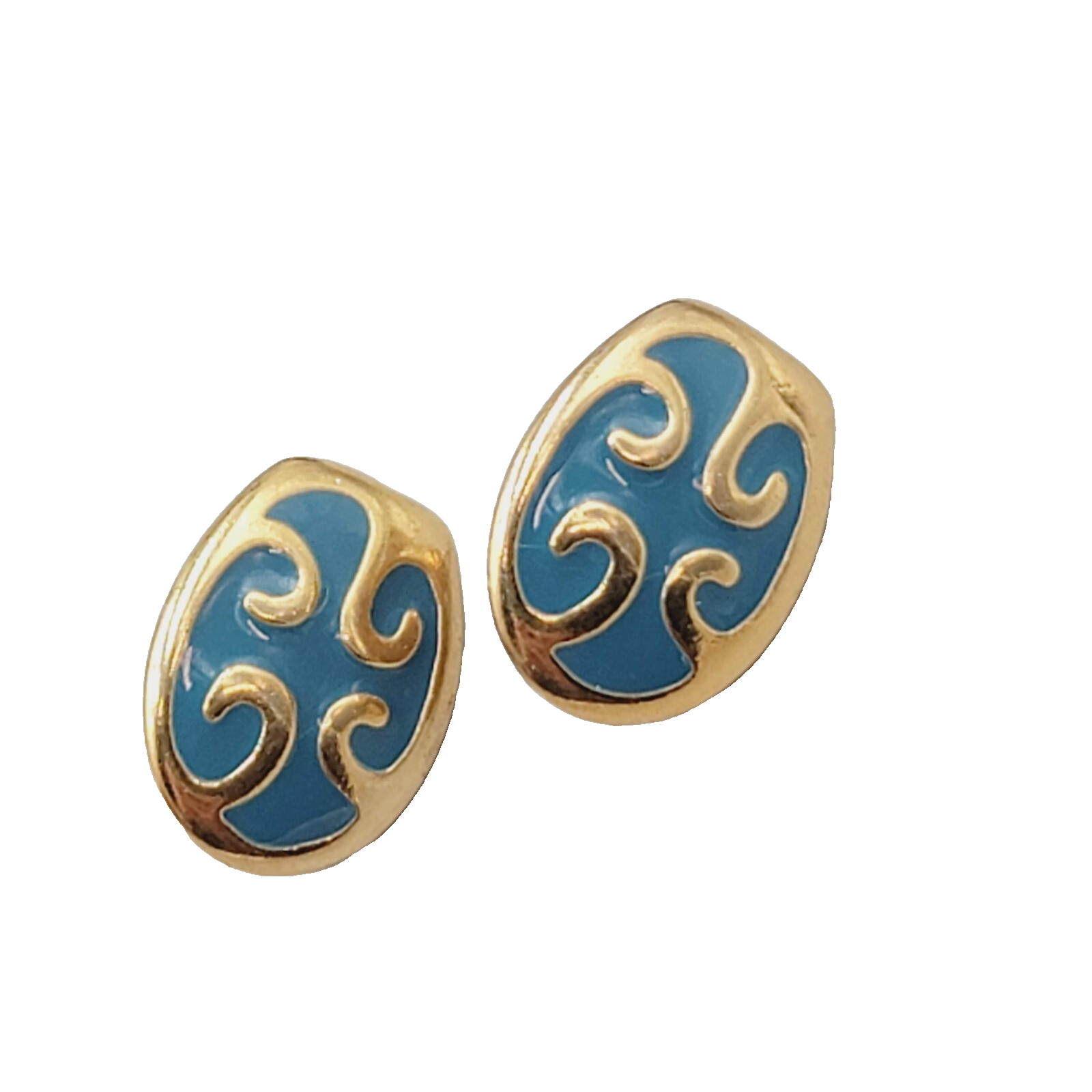 Stud Pierced Earrings Gold tone Blue Enamel Swirl 5/8"