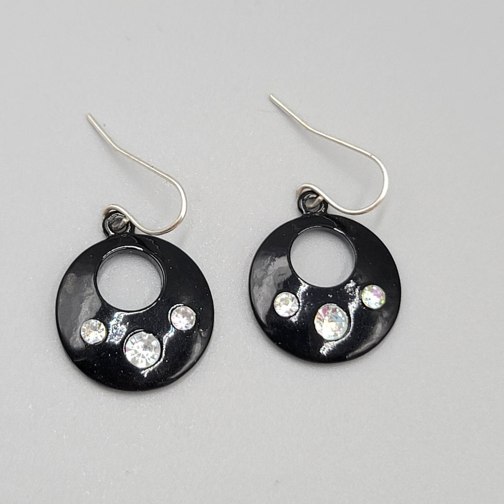 Pierced Earrings Black Enamel AB Rhinestone Silver tone Dangle 7/8"