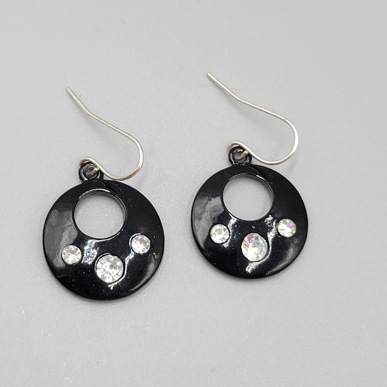 Pierced Earrings Black Enamel AB Rhinestone Silver tone Dangle 7/8"