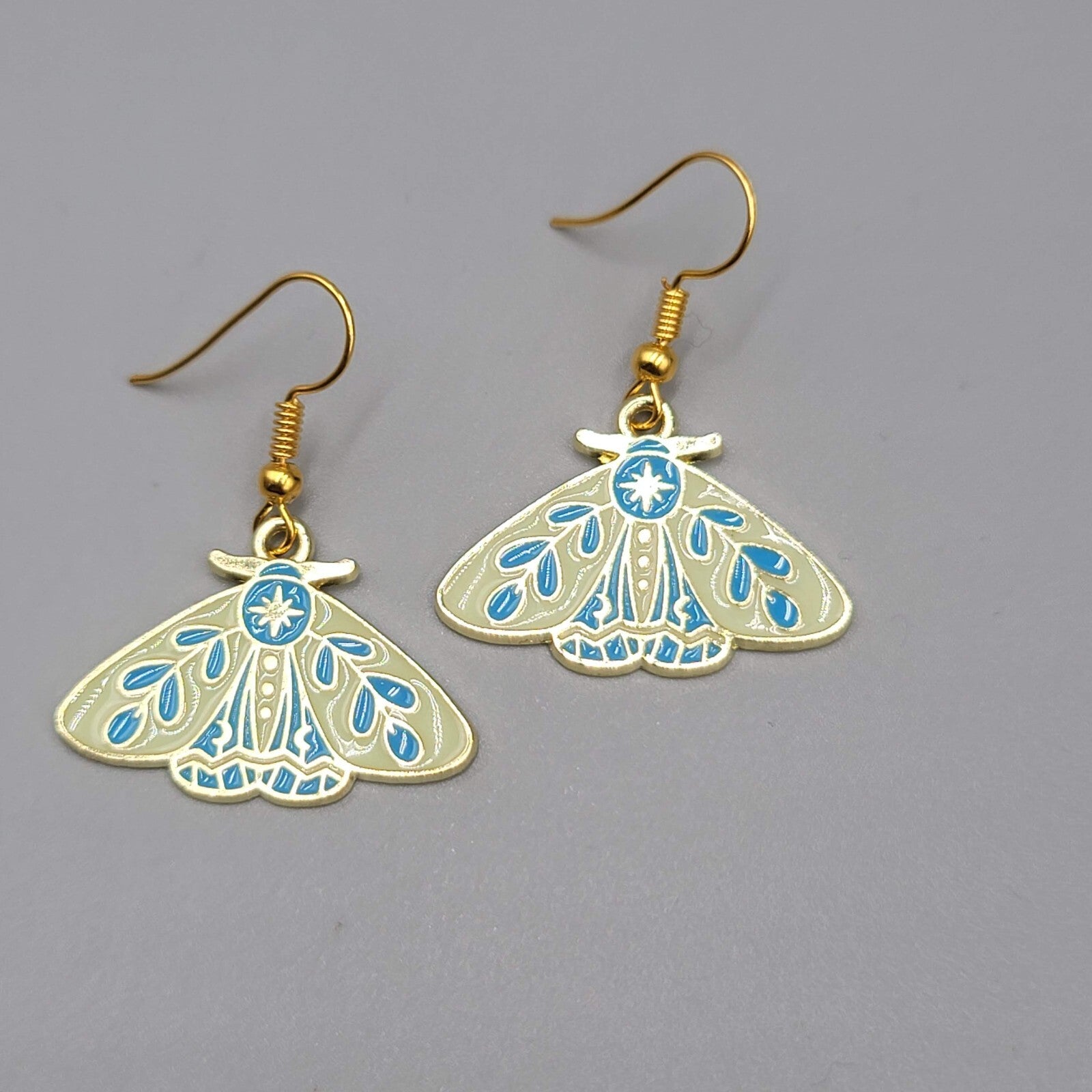 Moth Pierced Earrings Gold tone Yellow Blue Enamel Dangle 3/4"