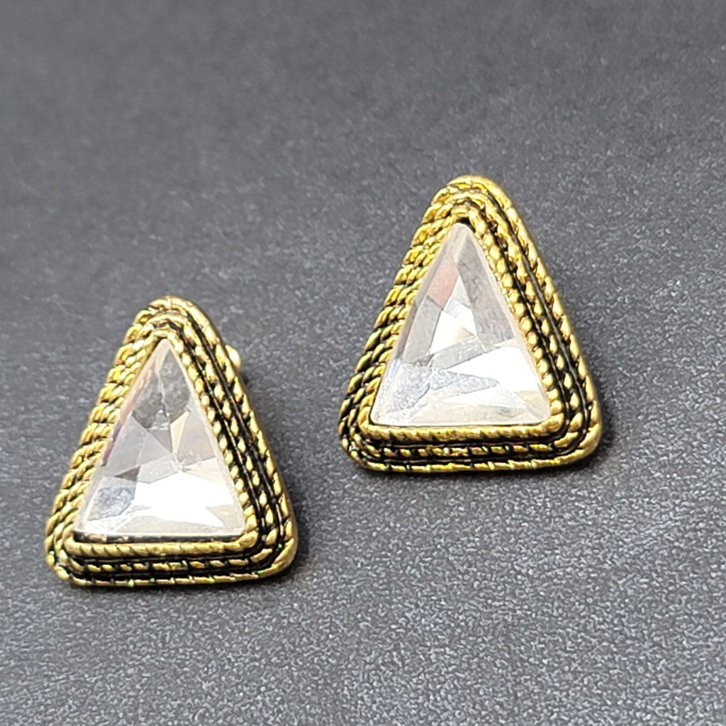 Pierced Earrings Gold tone Faceted Crystal Triangle Drop 1" SO Sparkly!!