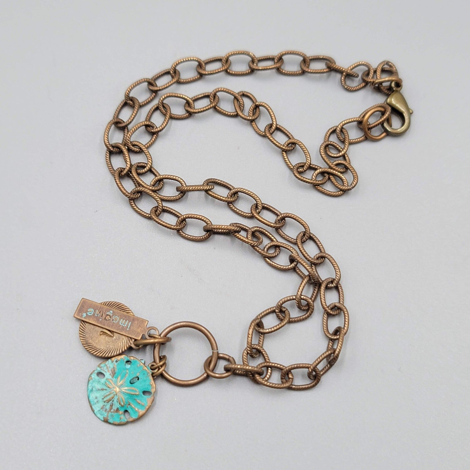 Vintage Bronze Chain Necklace Sea Turtle Sand Dollar Charms Imagine 18"