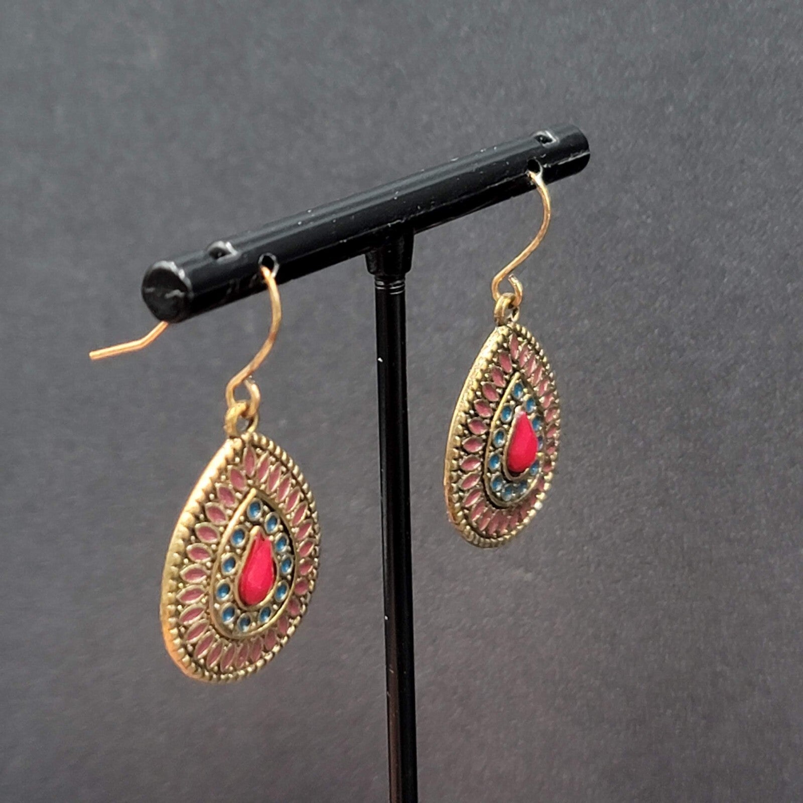 Boho Pierced Earrings Gold tone Teardrop Medallion Dangle 1"