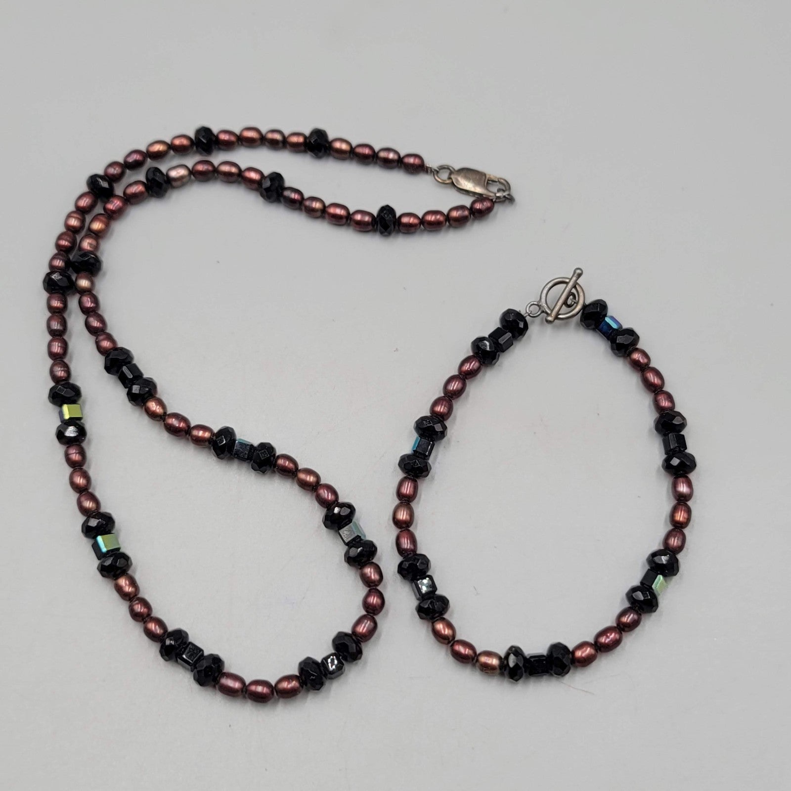 Sterling Silver Bracelet And Necklace Genuine Brown Pearls Black Crystal Beads
