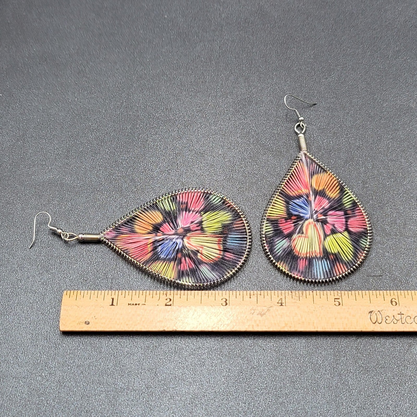 Large Pierced Earrings Silver tone Teardrop String Art Hearts Theme 3.5"