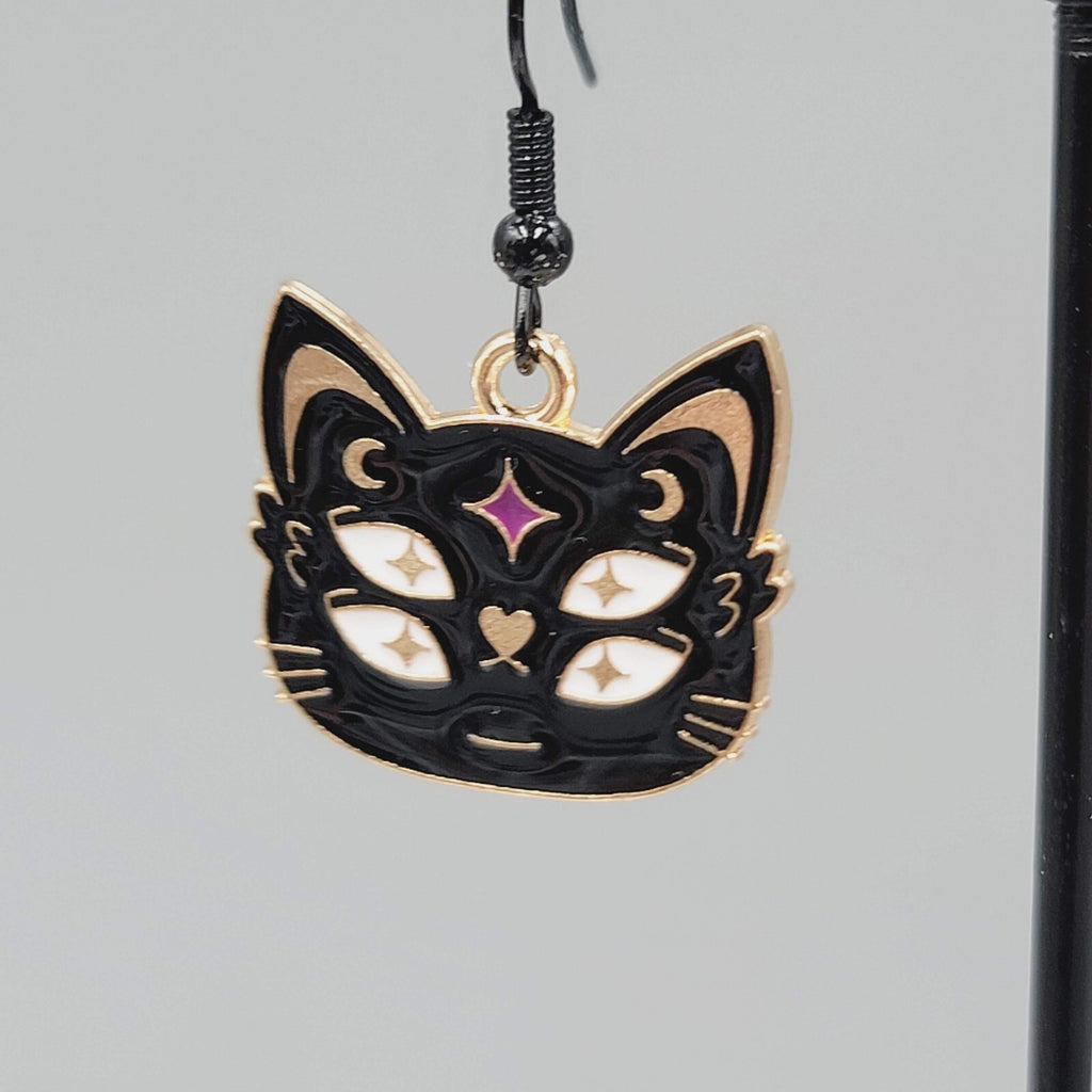 Four Eyed Black Cat Pierced Earrings Enamel Gold tone Dangle New 
