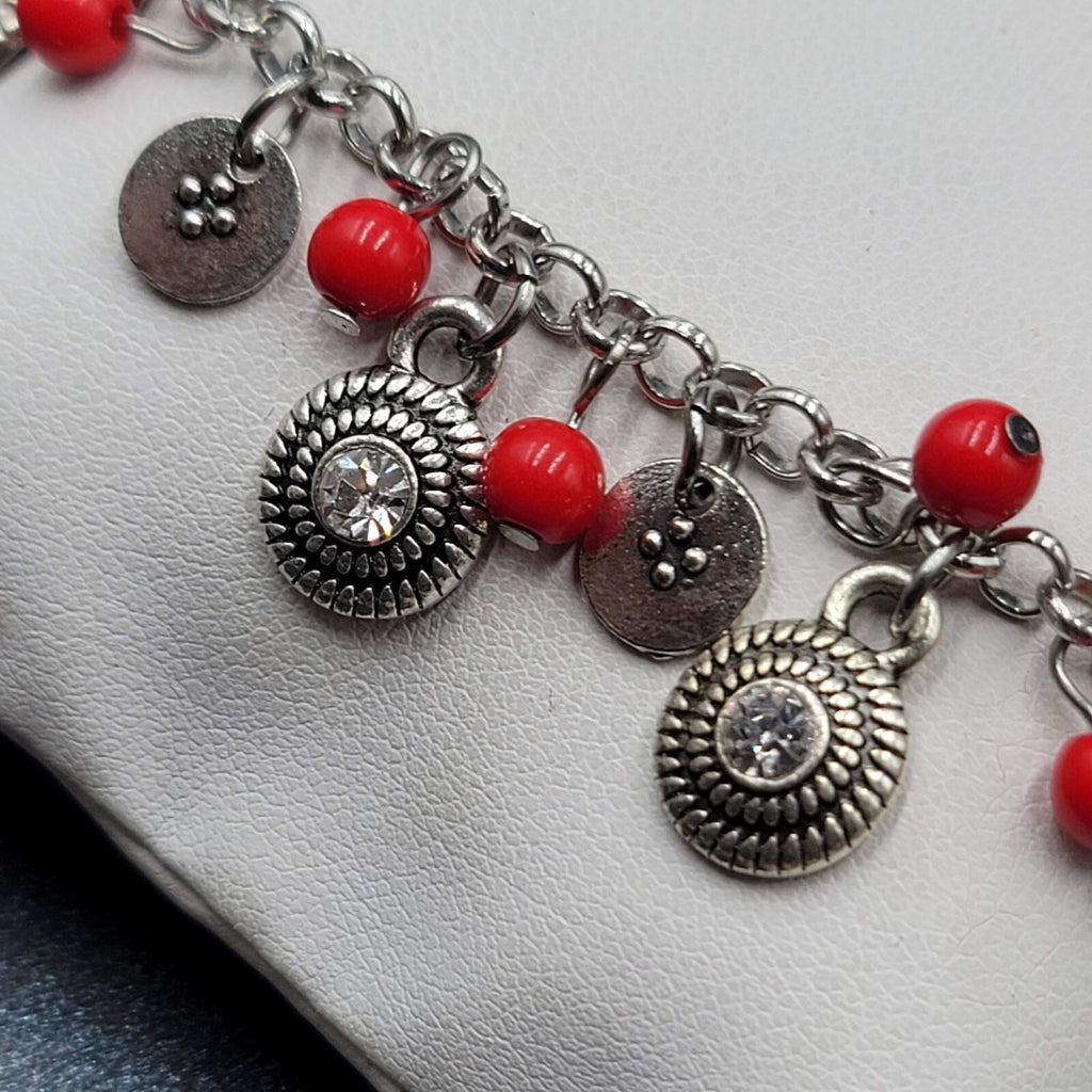 Red Bead Bracelet Silver tone Rhinestone Dangle Adj. 7"-9.5"