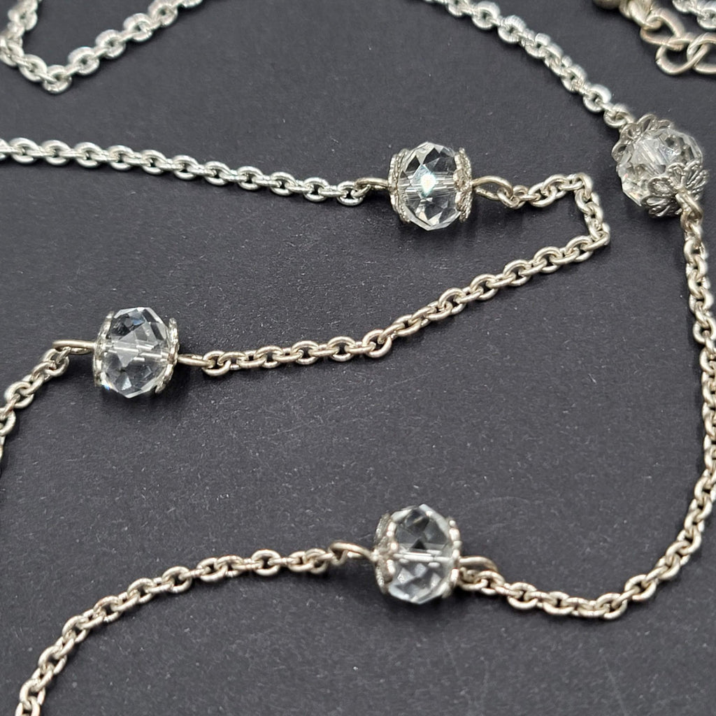 Long Chain Tassel Necklace Silver tone Rhinestone Accent 28"