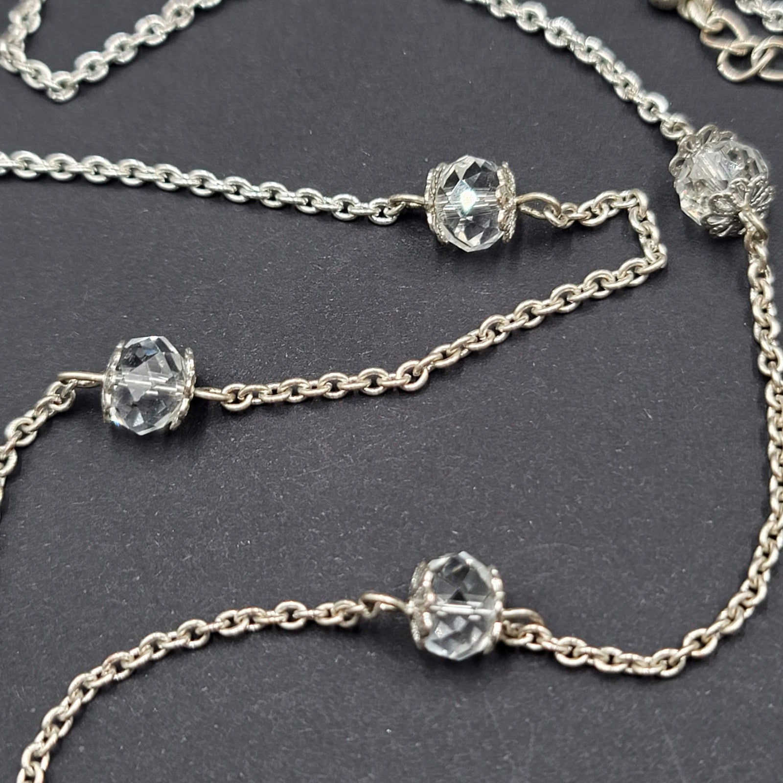 Long Chain Tassel Necklace Silver tone Rhinestone Accent 28"