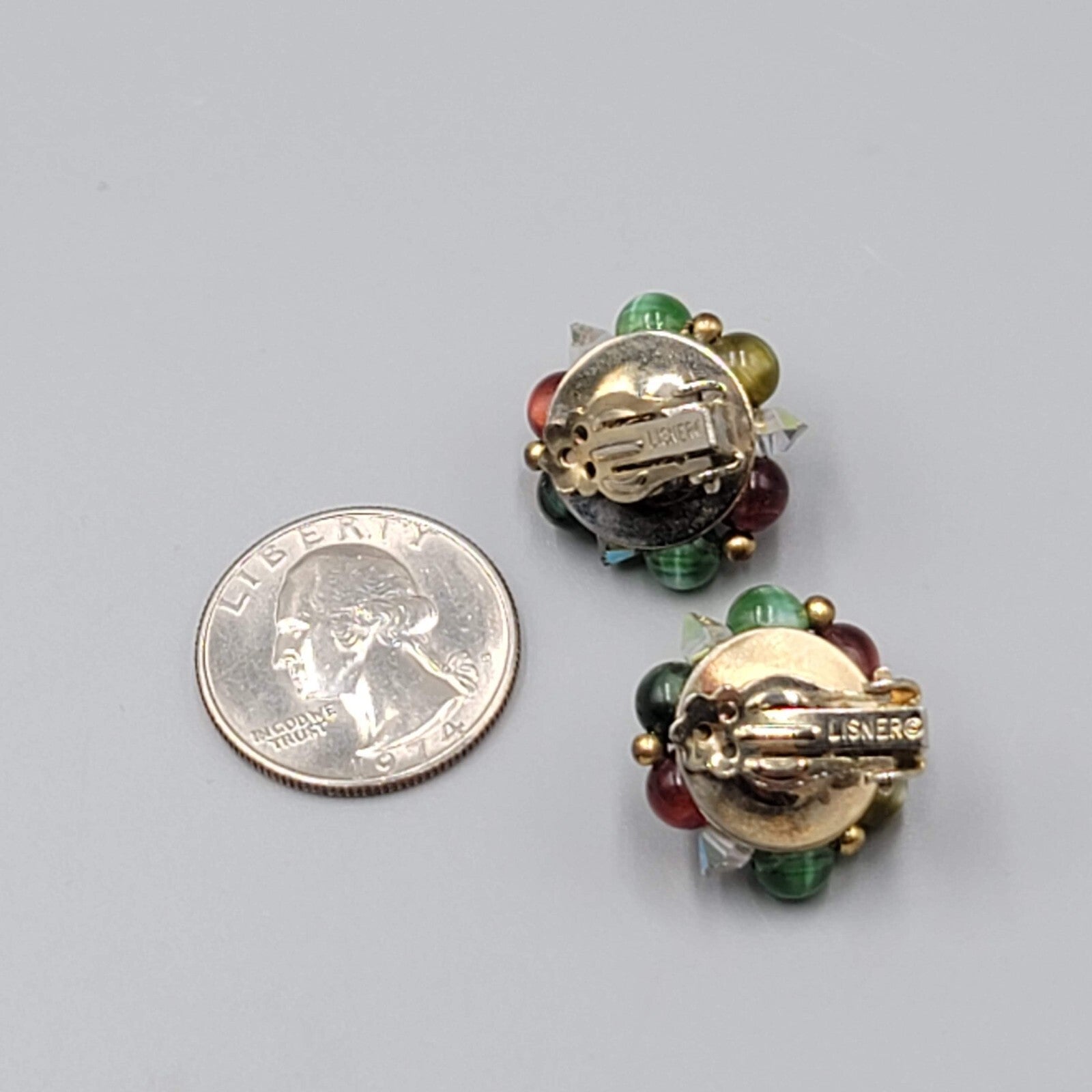 Vintage Cluster Bead Clip on Earrings Gold tone Red Green 3/4"