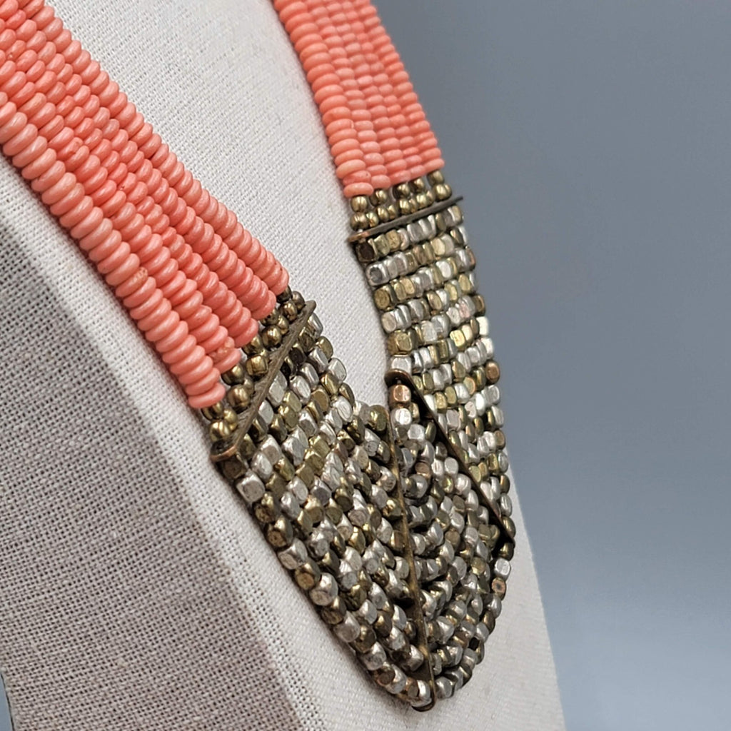 Artisan Faux Coral Bead Bib Boho Necklace Pink Metal Multistrand 20"