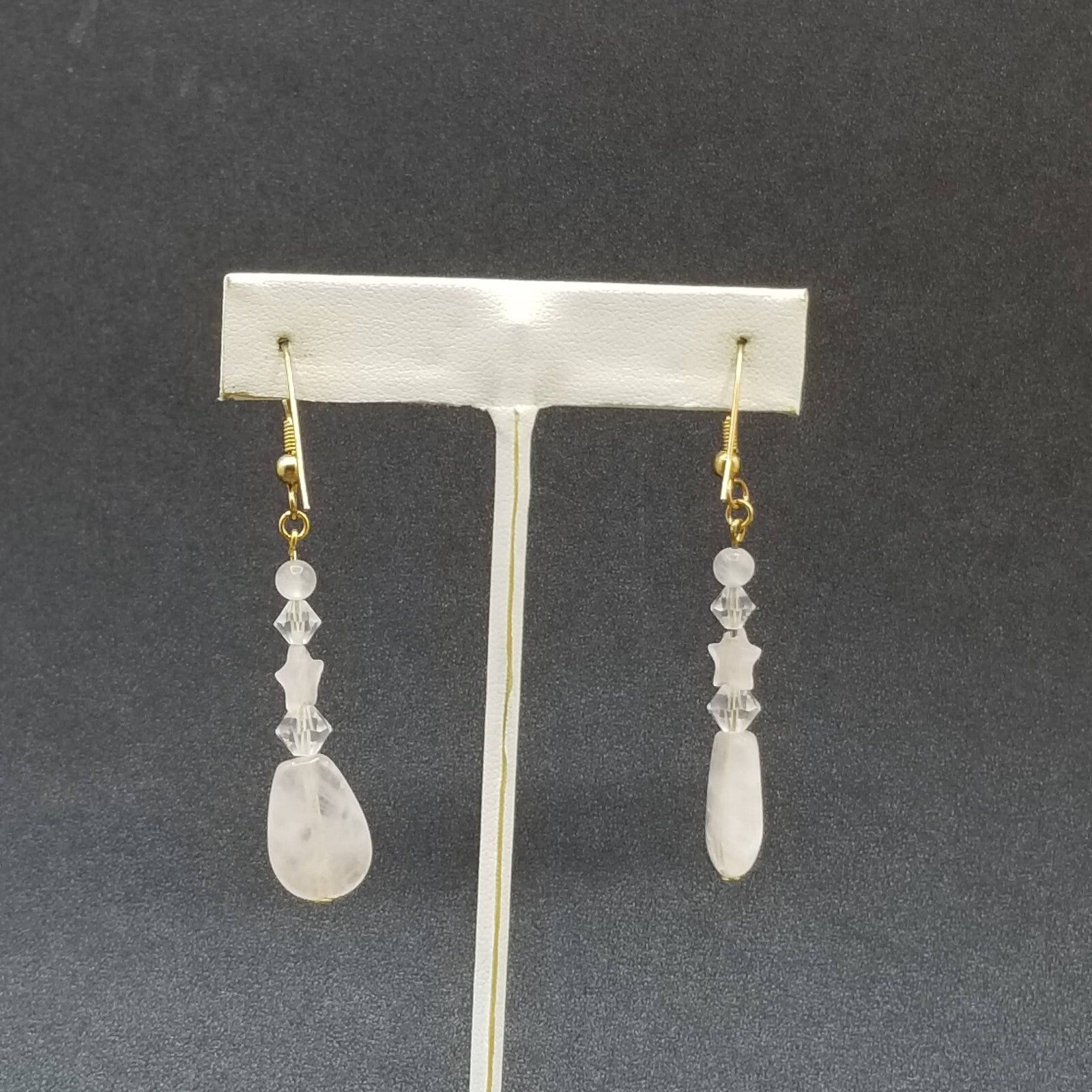 Pierced Earrings Gold tone Crystal Rose Quartz Teardrop Beaded Dangle 1 1/2"