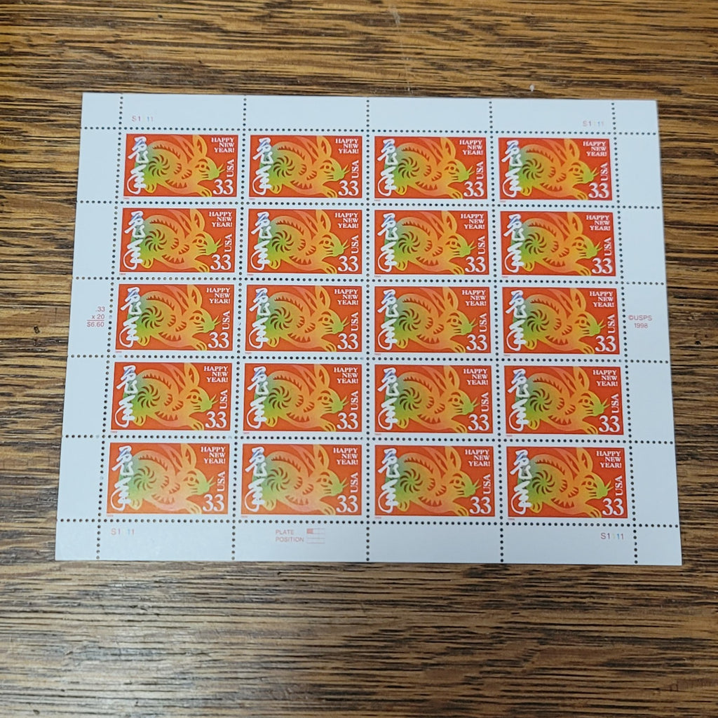 HAPPY NEW YEARS Lunar The Rabbit 20 Stamp 33c Stamp Souvenir Sheet 1999 USPS