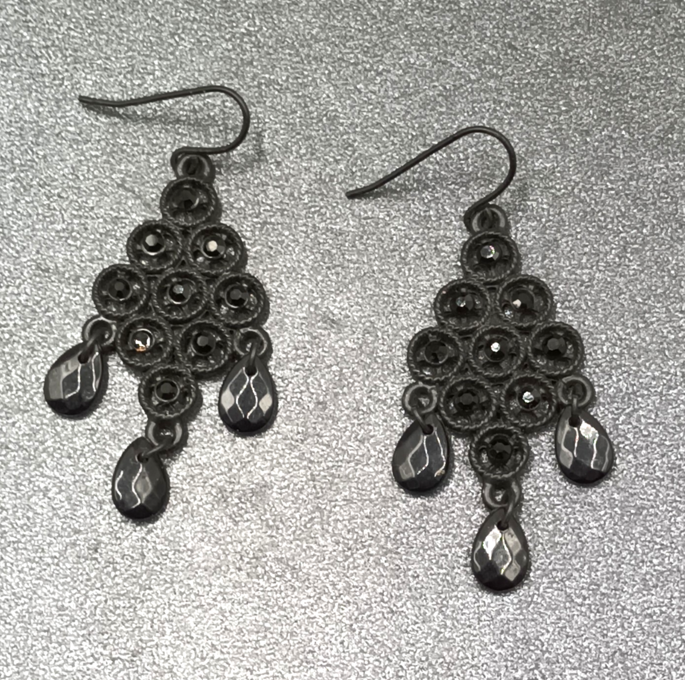 Pierced Earrings Black Metal Faceted Acrylic Chandelier Statement Dangle 1 3/4"